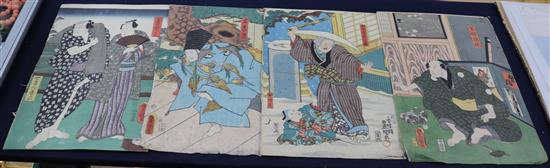 Twelve Japanese Kabuki woodblock prints; 36 x 25cm, unframed.